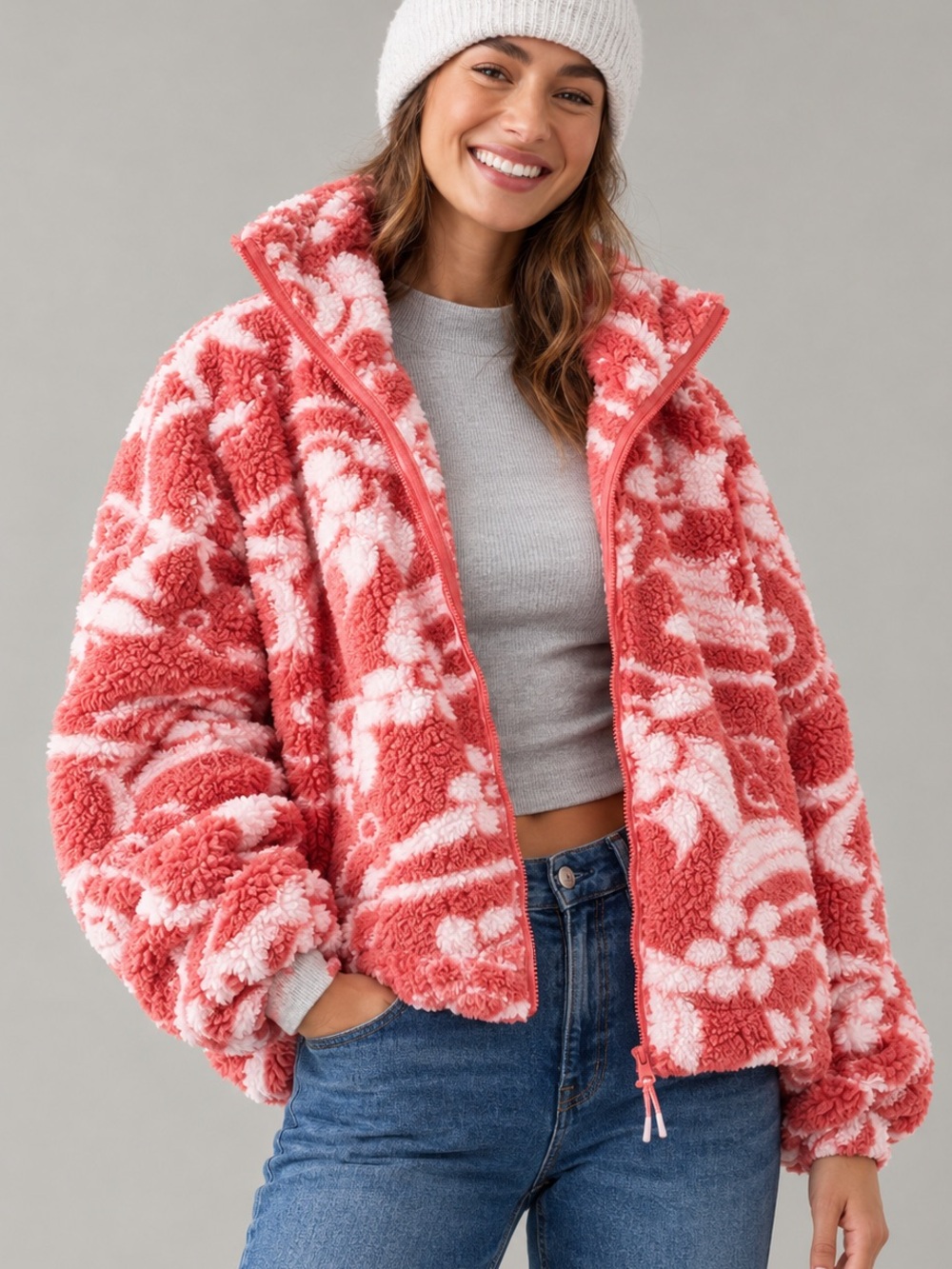 American Eagle This Feels Seriously Huggable Floral Fleece Jacket Pink & White